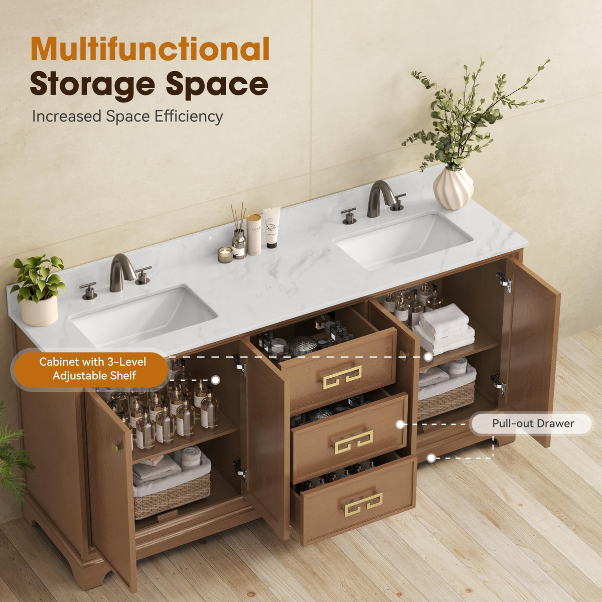 72 Inch Double Sink Bathroom Vanity Solid Wood, Fully Assembled