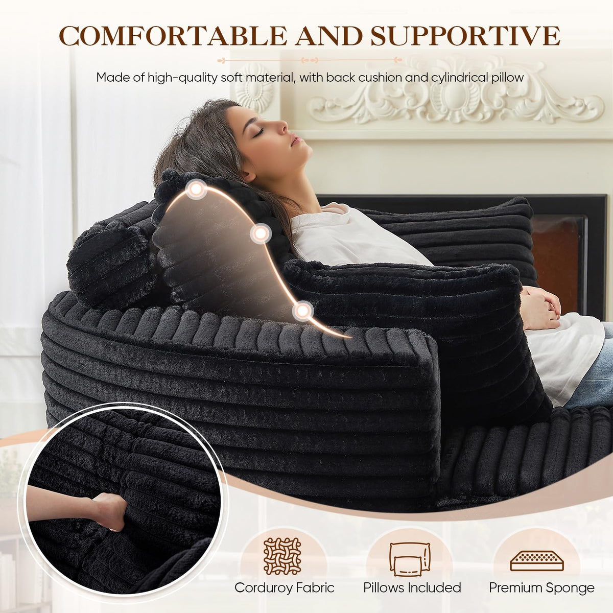 Oversized Round Chaise Longue Chair Indoor, Modern 55-inch Upholstered Corduroy Deep Seat Circle Single Cloud Lounge Floor Sofa Chair for Living Room, Bedroom Apartment, Beige
