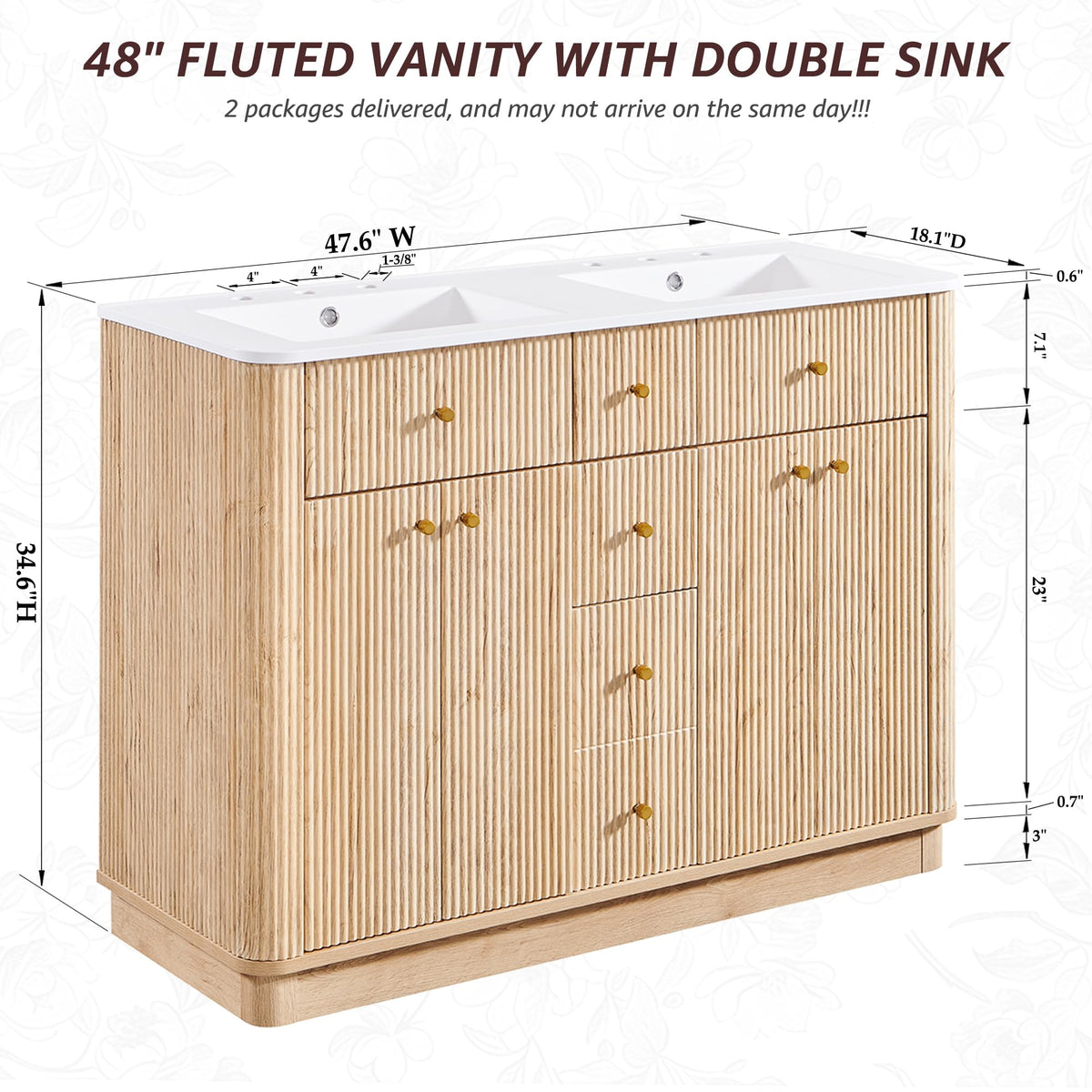 T4TREAM 36" Fluted Bathroom Vanity with Single Sink, Natural Oak