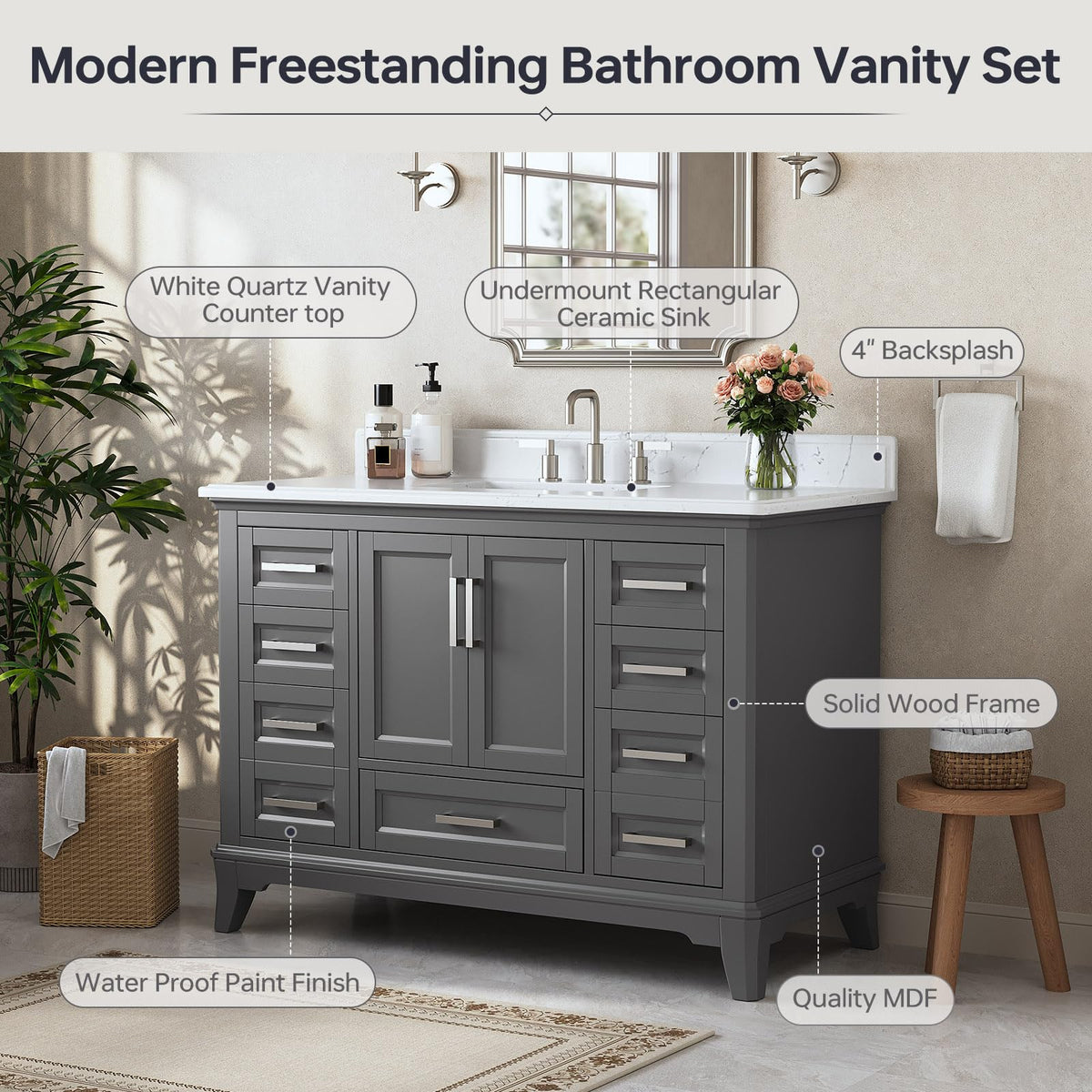 42 Inch Bathroom Vanity with Sink, Pre Assembled, White