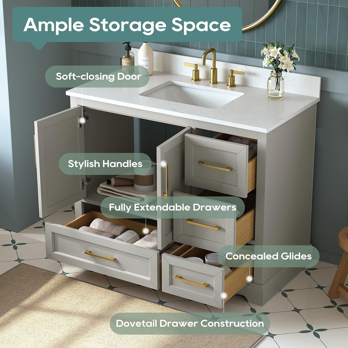 60 Inch Bathroom Vanity with Double Sink Combo, Greige