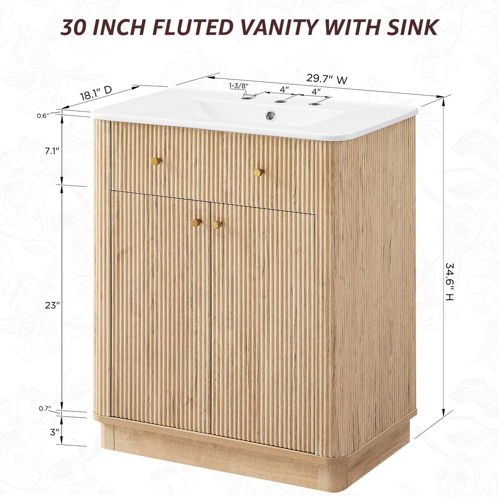 T4TREAM 36" Fluted Bathroom Vanity with Single Sink, Natural Oak