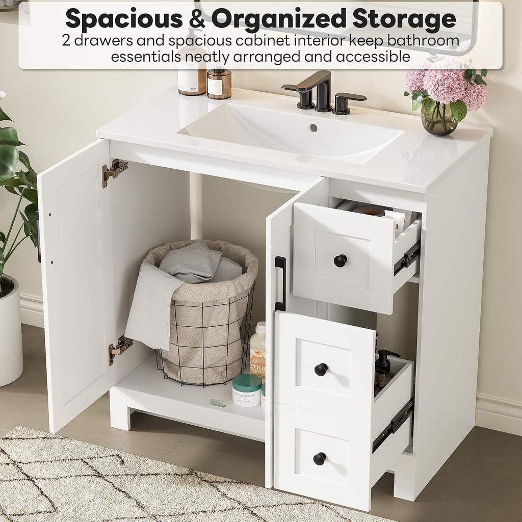 LIKIMIO 36" Bathroom Vanity with Sink, 2 Soft-Close Drawers & Doors, White