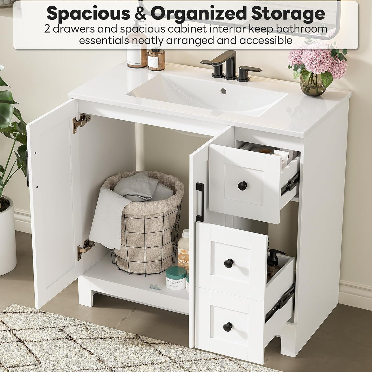 LIKIMIO 36" Bathroom Vanity with Sink, 2 Soft-Close Drawers & Doors, White