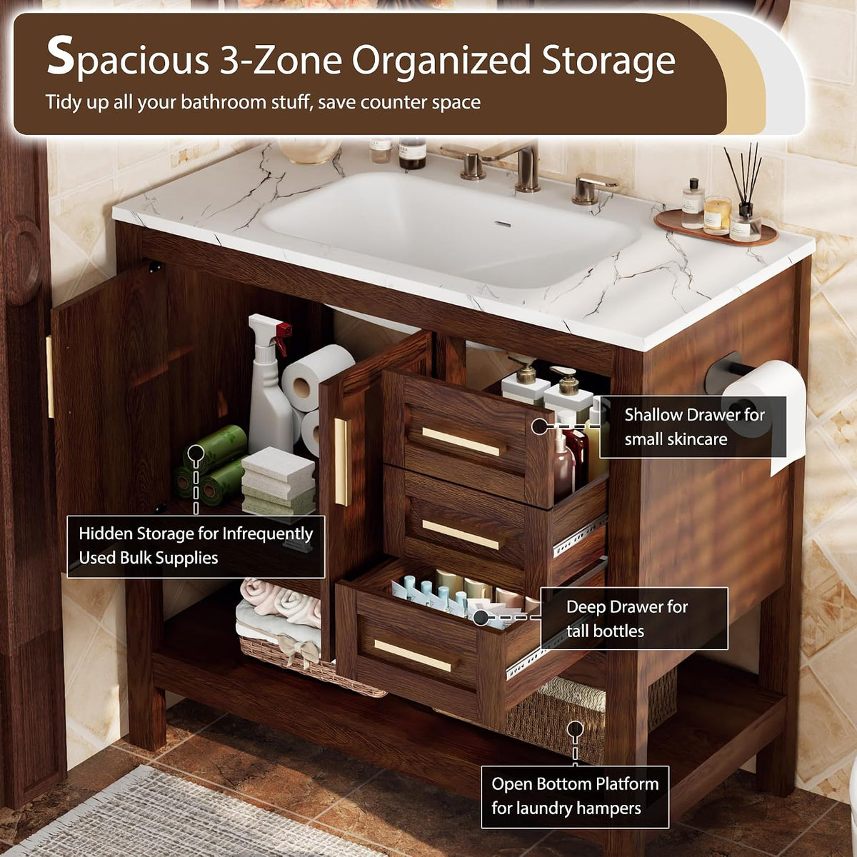 36 Inch Bathroom Vanity with Sink, Saw Cut Brown