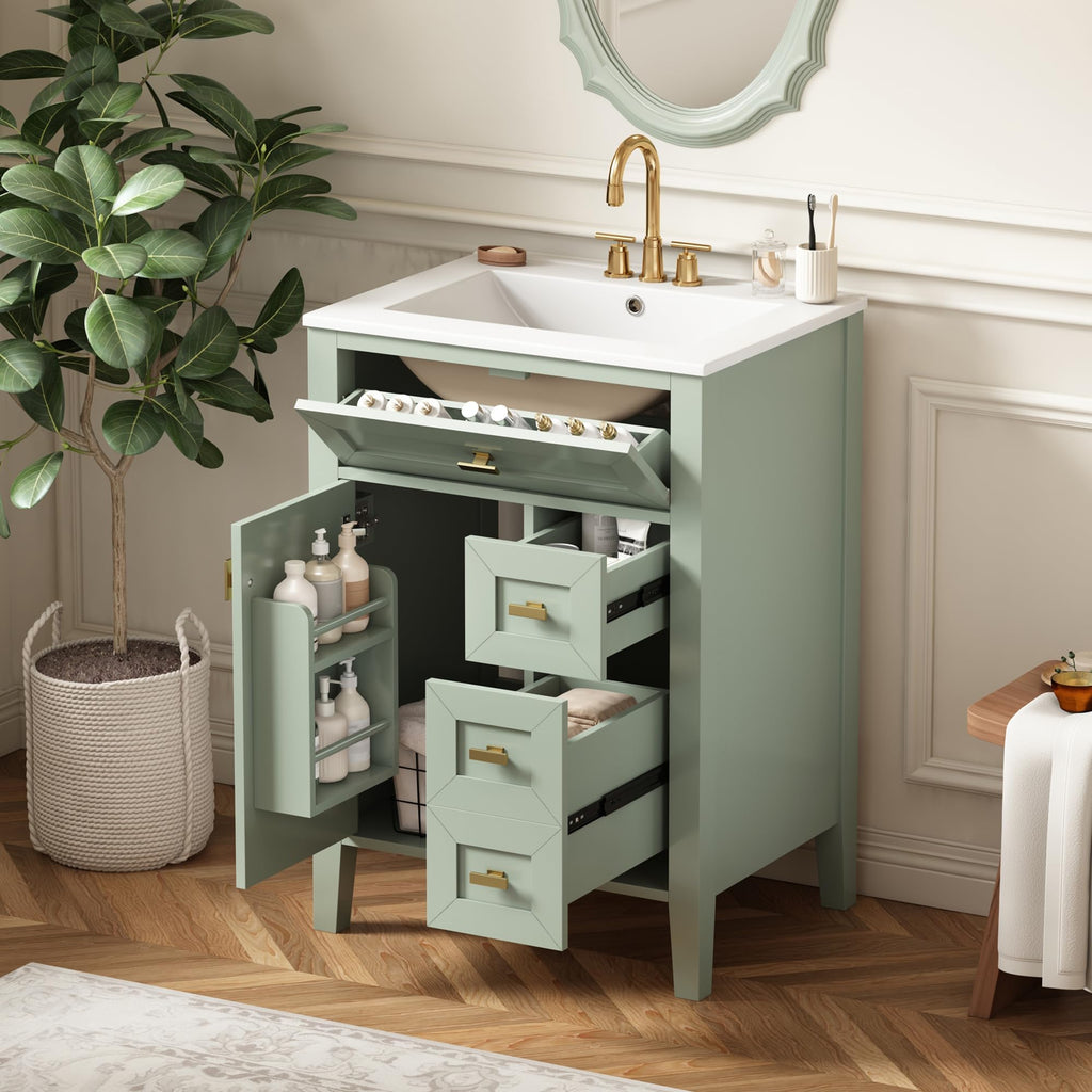 36 Inch Bathroom Vanities with Undermount Ceramic Sink, Storage Cabinet with Soft Closing Doors and Three Drawers, Solid Wood Frame, Natural Wood