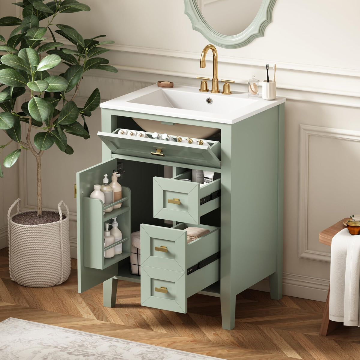 36 Inch Bathroom Vanities with Undermount Ceramic Sink, Storage Cabinet with Soft Closing Doors and Three Drawers, Solid Wood Frame, Natural Wood