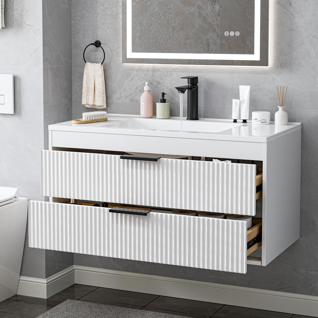 24 Inches Modern MDF Bathroom Vanity with Sink, Wall Mounted Floating Cabinets w/Double Drawers, Black Handles, White Resin Sink Combo Set (Black, 24")