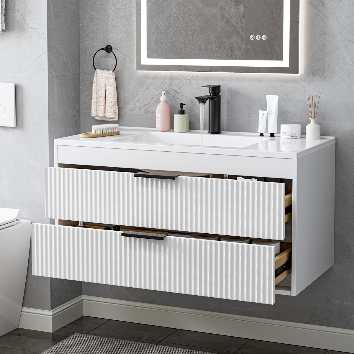24 Inches Modern MDF Bathroom Vanity with Sink, Wall Mounted Floating Cabinets w/Double Drawers, Black Handles, White Resin Sink Combo Set (Black, 24")