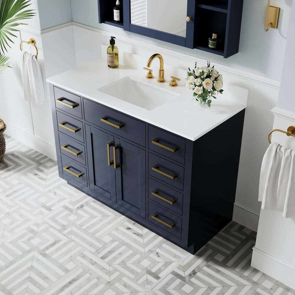 WELLFOR 36-Inch Bathroom Vanity with Sink W/ 2 Doors & 4 Drawers & 1 Flip Drawer,Navy Blue Vanity W/Matte Black Handles