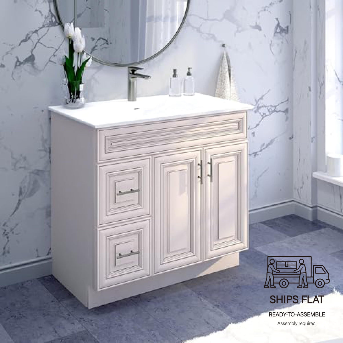 36" Maple Walnut Bathroom Vanity Base â Ready-to-Assemble Sink Cabinet with Drawers, Shaker Style Storage, Base Only, No Top or Sink