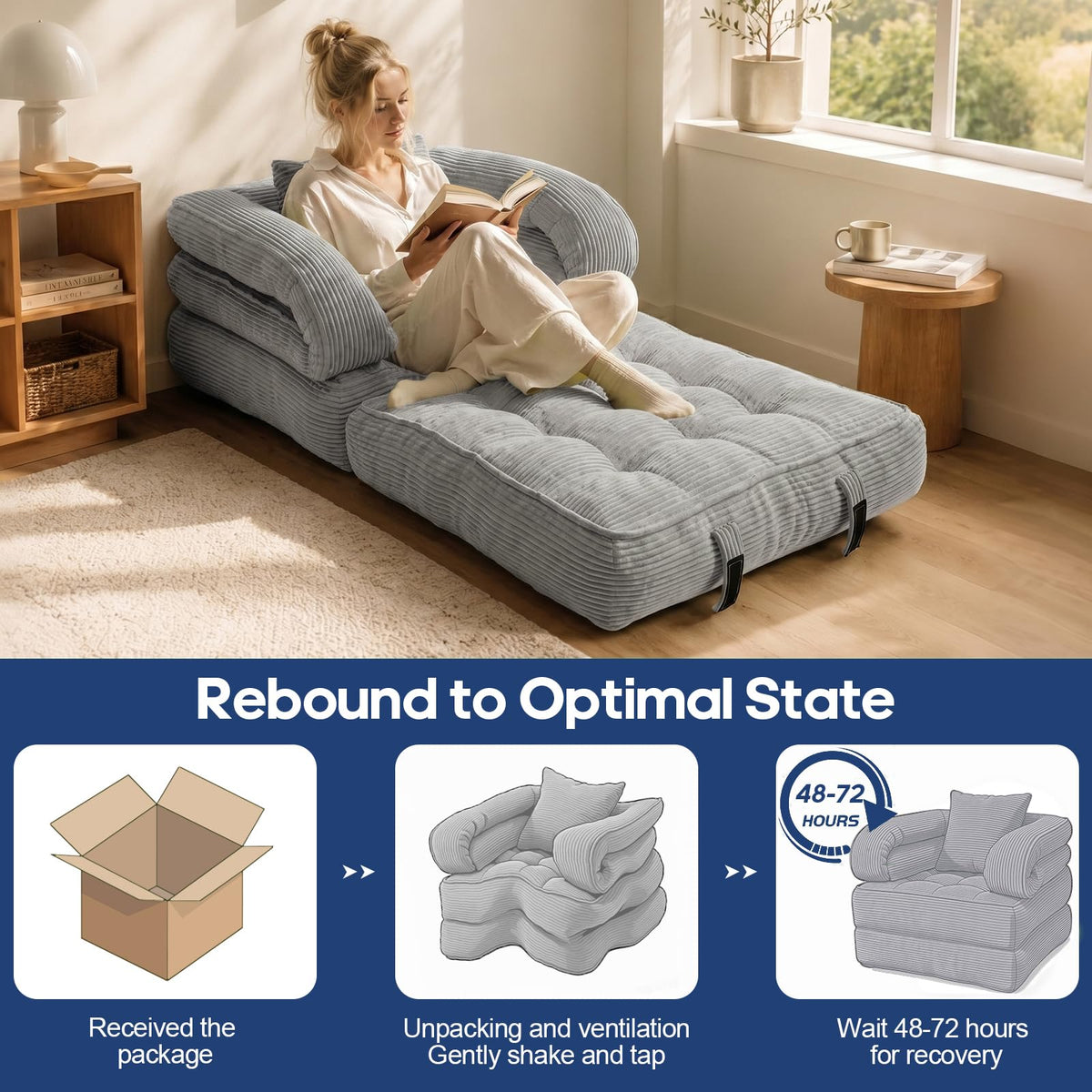 Folding Sofa Bed, Convertible Sleeper Chair with Armrests, Corduroy Foldable Boneless Bed, 3-in-1 Portable Futon Couch Floor Sofa with Pillow for Bedroom, Living Room, Orange
