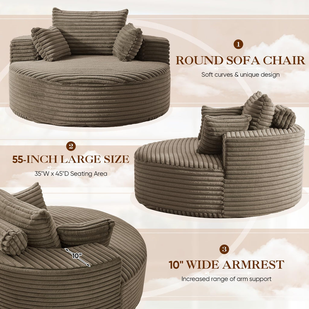 Oversized Round Chaise Longue Chair Indoor, Modern 55-inch Upholstered Corduroy Deep Seat Circle Single Cloud Lounge Floor Sofa Chair for Living Room, Bedroom Apartment, Beige