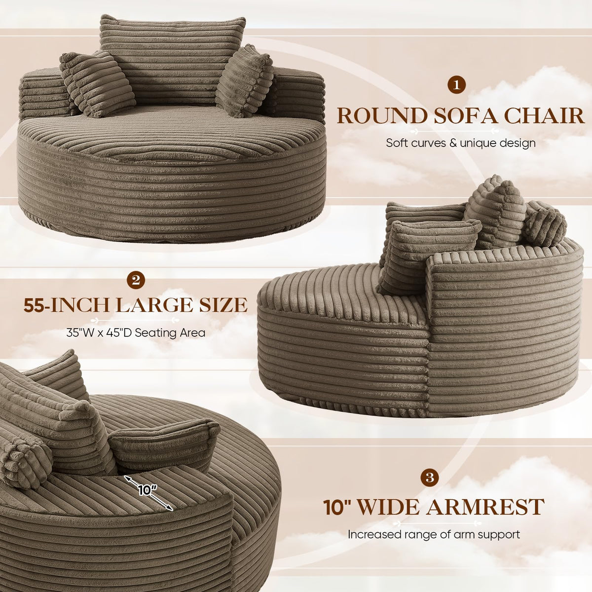 Oversized Round Chaise Longue Chair Indoor, Modern 55-inch Upholstered Corduroy Deep Seat Circle Single Cloud Lounge Floor Sofa Chair for Living Room, Bedroom Apartment, Beige