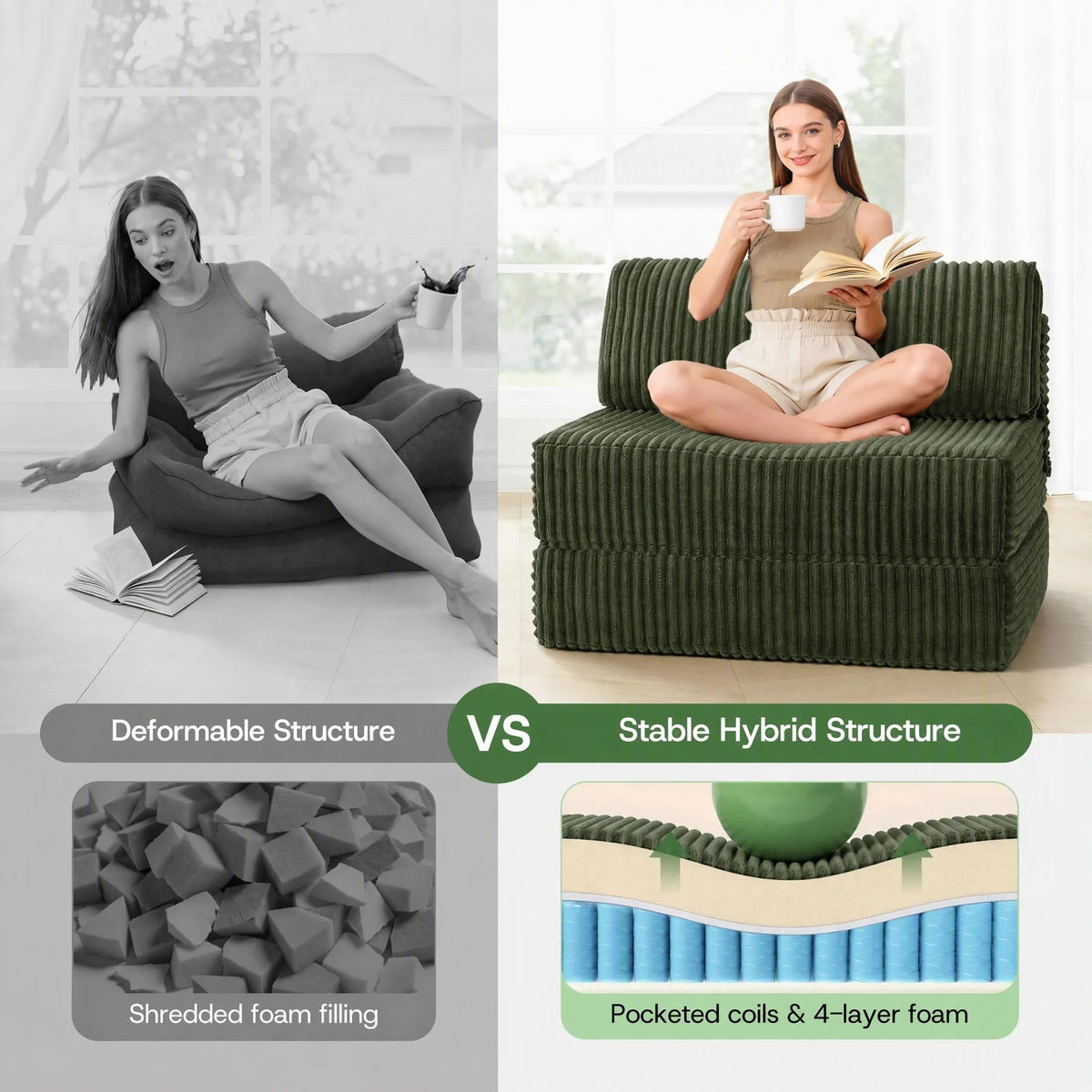 Folding Sofa Bed Convertible 4 in 1 Sleeper Chair Gray Single