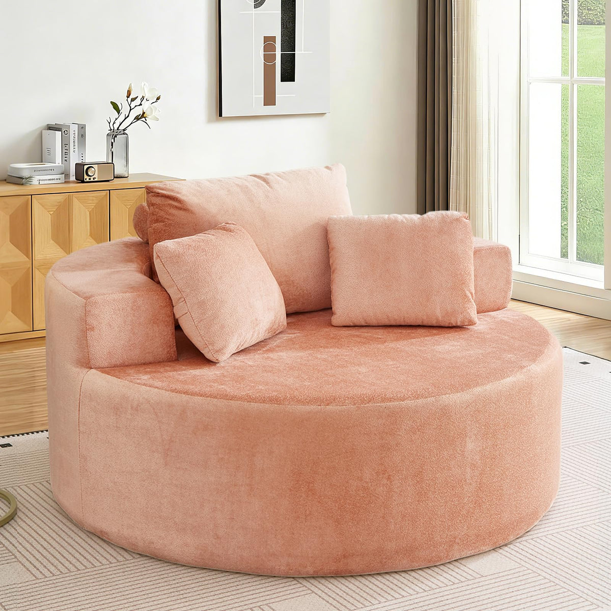 Oversized Round Chaise Longue Chair Indoor, Modern 55-inch Upholstered Corduroy Deep Seat Circle Single Cloud Lounge Floor Sofa Chair for Living Room, Bedroom Apartment, Beige