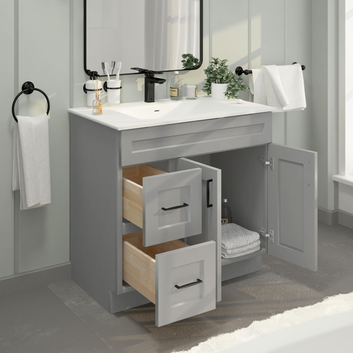 36" Maple Walnut Bathroom Vanity Base â Ready-to-Assemble Sink Cabinet with Drawers, Shaker Style Storage, Base Only, No Top or Sink