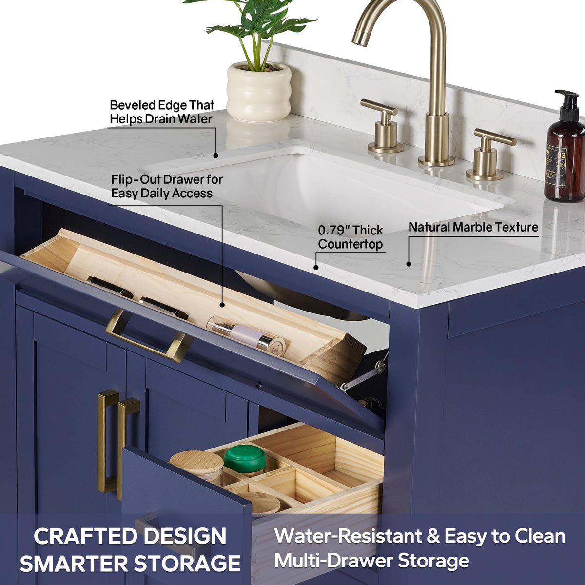 48-inch Dark Walnut Bathroom Vanity with Sink, Solid Wood, 0.79-inch Stone Countertop and Backsplash, 9 Drawers, 2 Soft Closing Doors
