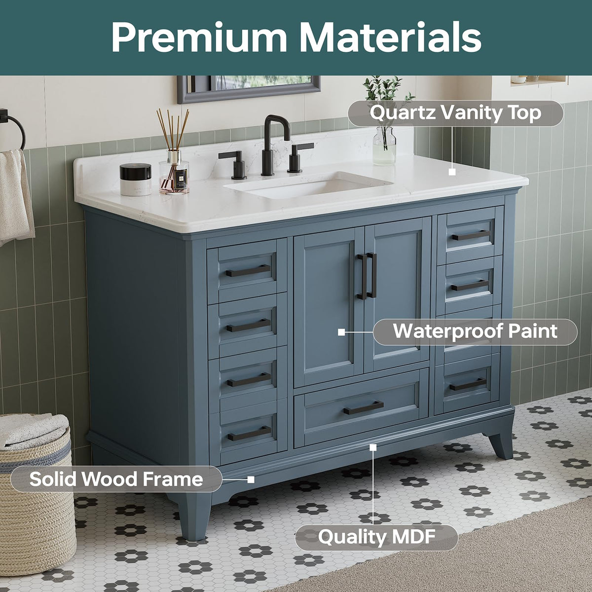 60 Inch Bathroom Vanity Double Sink, Steel Blue