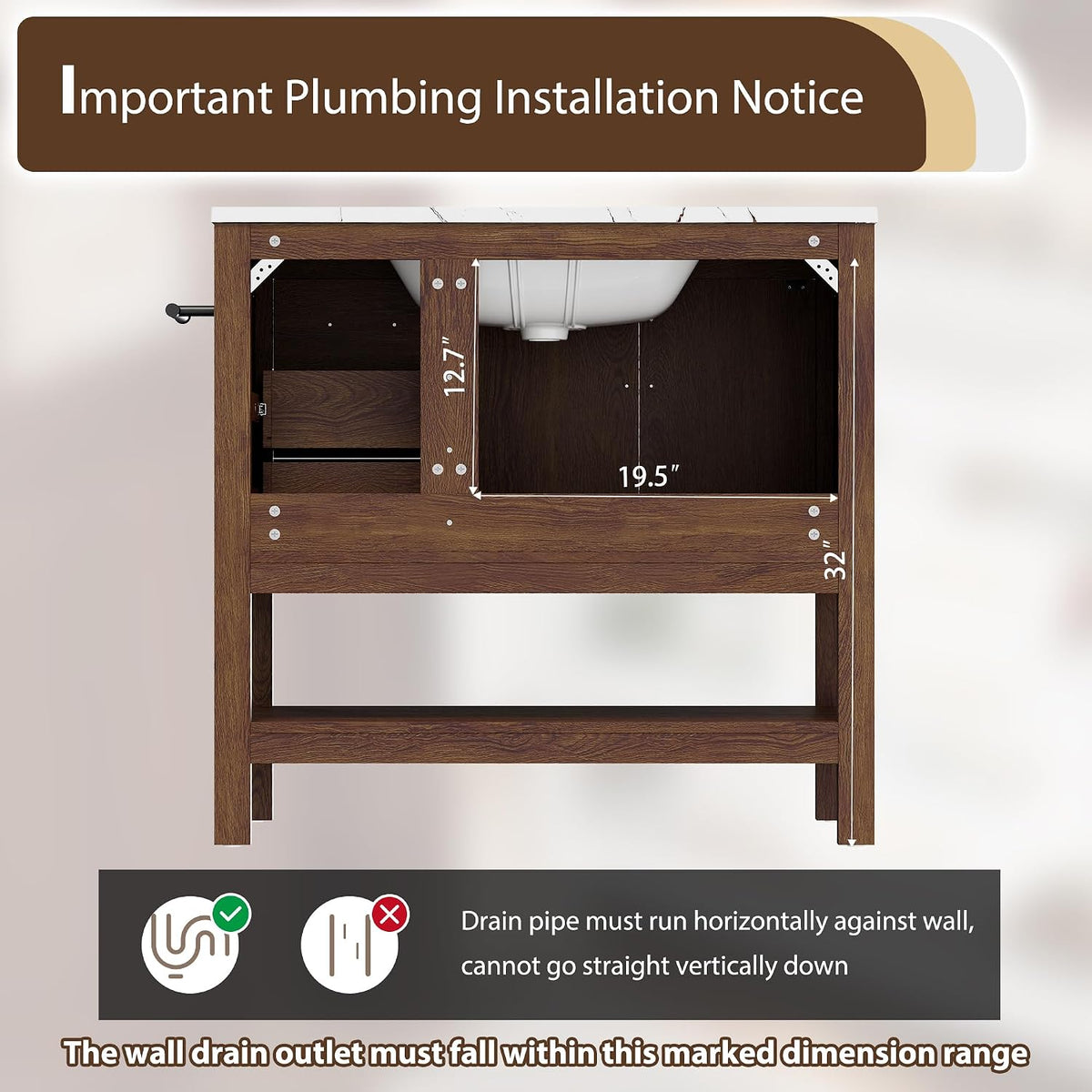 36 Inch Bathroom Vanity with Sink, Saw Cut Brown