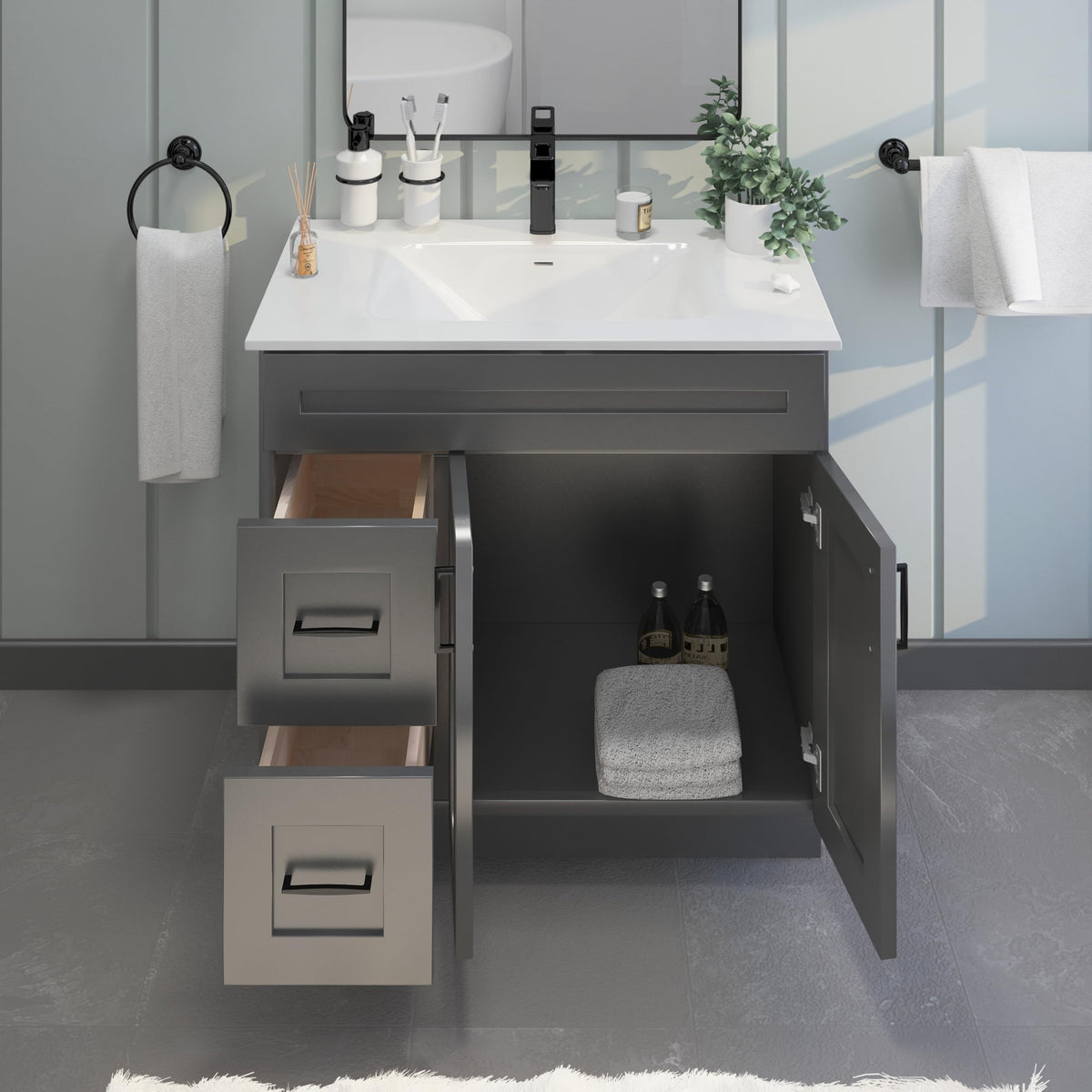 36" Maple Walnut Bathroom Vanity Base â Ready-to-Assemble Sink Cabinet with Drawers, Shaker Style Storage, Base Only, No Top or Sink
