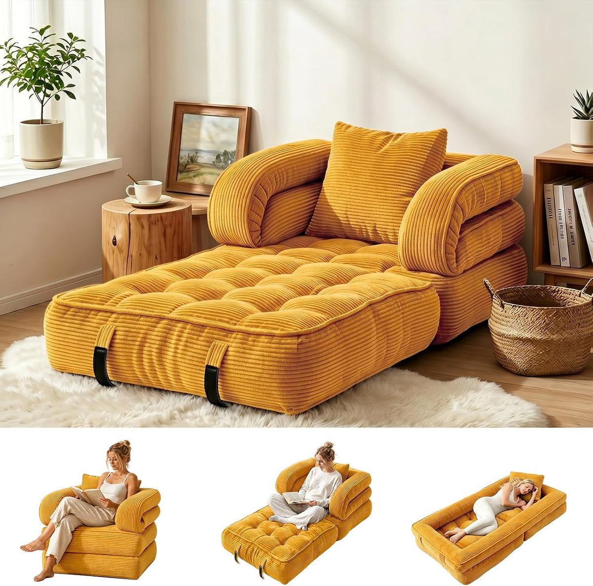 Folding Sofa Bed, Convertible Sleeper Chair with Armrests, Corduroy Foldable Boneless Bed, 3-in-1 Portable Futon Couch Floor Sofa with Pillow for Bedroom, Living Room, Orange