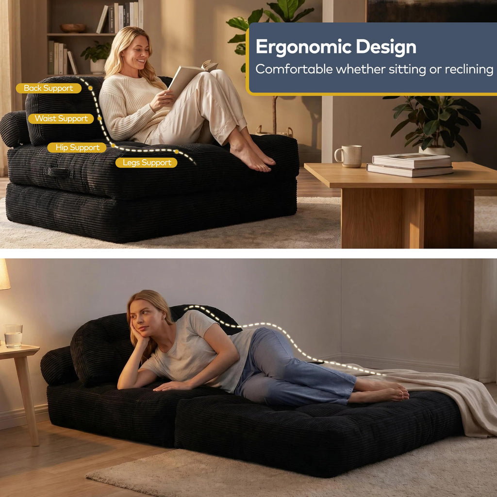 Convertible Corduroy Floor Sofa, 3-in-1 Folding Lazy Sofa Bed with Adjustable Backrest, Soft Bean Bag Chair Lounger for Living Room, Bedroom, Guest Room, Oversized Sleeper Chair
