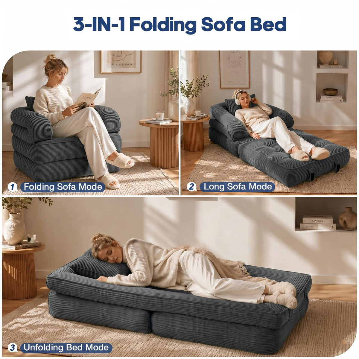 Folding Sofa Bed, Convertible Sleeper Chair with Armrests, Corduroy Foldable Boneless Bed, 3-in-1 Portable Futon Couch Floor Sofa with Pillow for Bedroom, Living Room, Orange