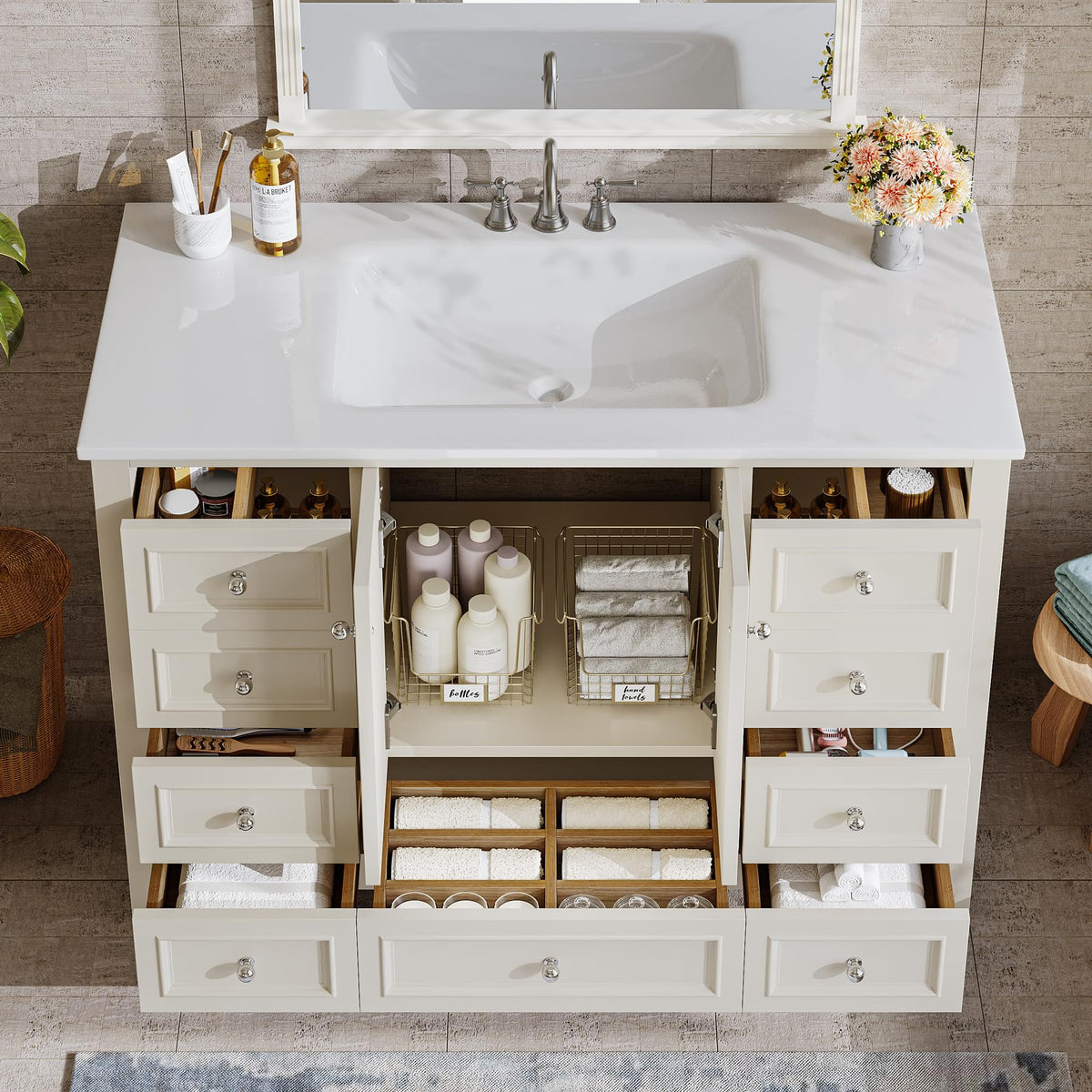 Tribesigns 30" Bathroom Vanity with Sink, Freestanding Bathroom Vanities Cabinet with Ceramic Basin Combo, Bathroom Sink Cabinet with 2 Doors and 1 Drawer, Solid Wooden Frame (Navy Blue, 30 INCH)