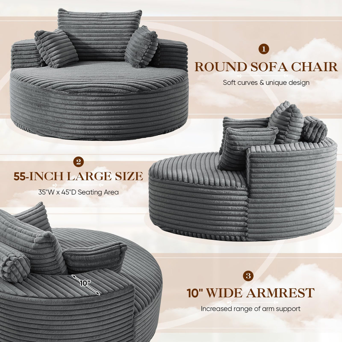 Oversized Round Chaise Longue Chair Indoor, Modern 55-inch Upholstered Corduroy Deep Seat Circle Single Cloud Lounge Floor Sofa Chair for Living Room, Bedroom Apartment, Beige