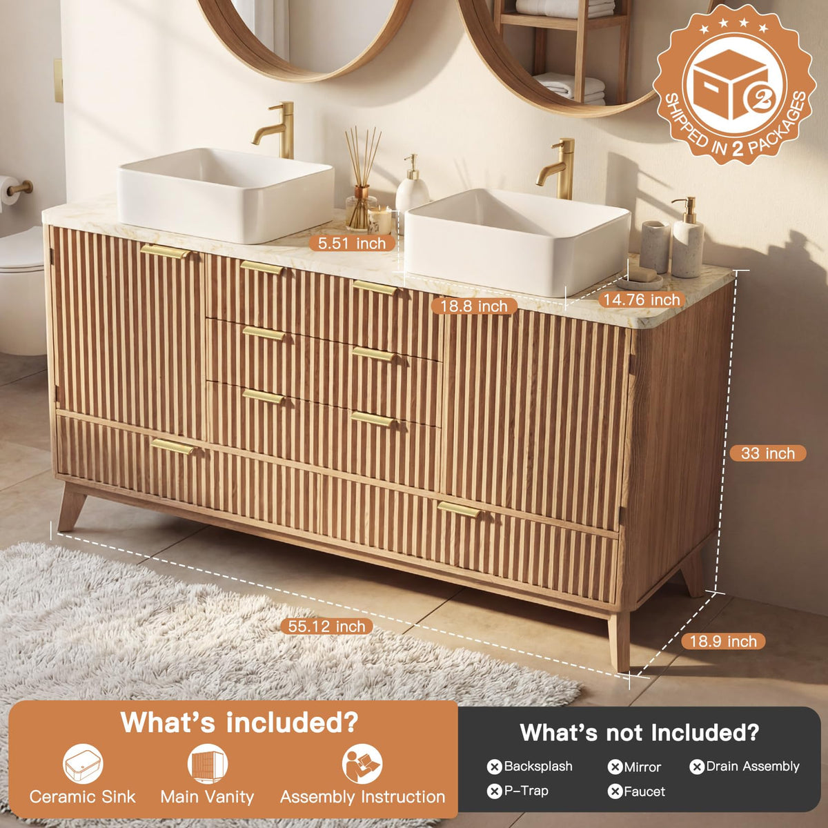 Concho 31'' Fluted Bathroom Vanity with Ceramic Sink Natural Oak