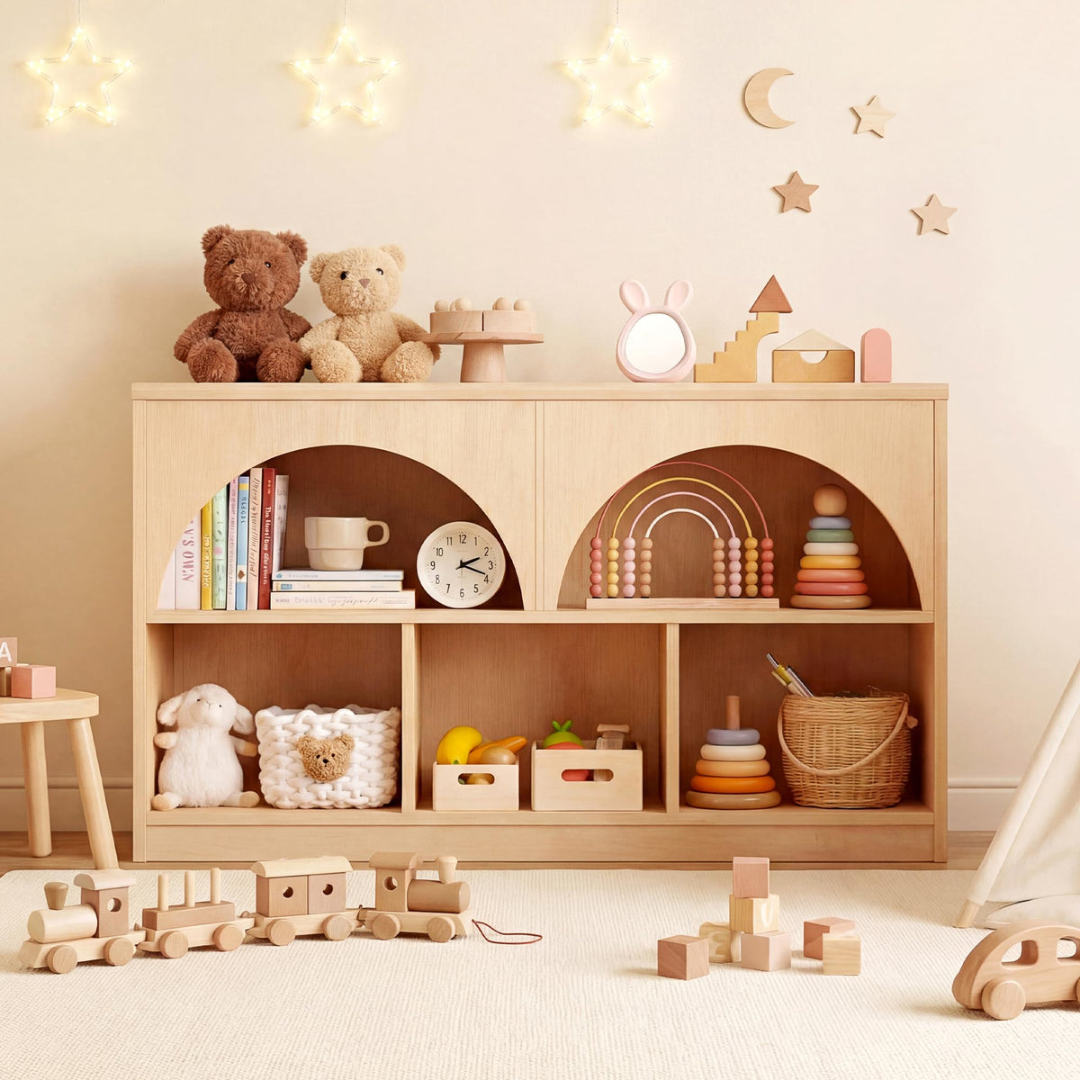 Fatmok Kids Bookshelf and Toy Storage, 2 Pack 58.5ââ Toy Organizer with Movable Chests & 3 Storage Bins, Large Kids Reading Nook with 5 Cubbies for Playroom, Bedroom, Nursery, White