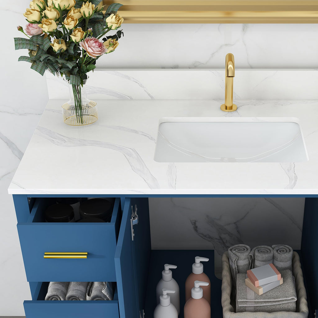 60" Bathroom Vanity Single Sink with 3 Hole, Sink Bathroom Vanity with Solid Wood Frame Storage,Soft Close Double Doors & 9 Sliding Drawers, with Gold Accents