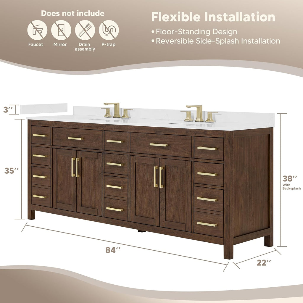 Wyndham Collection Beckett 84 Inch Double Bathroom Vanity in Dark Walnut, Giotto Quartz Countertop, Undermount Square Sinks (3-Hole), Matte Black Trim