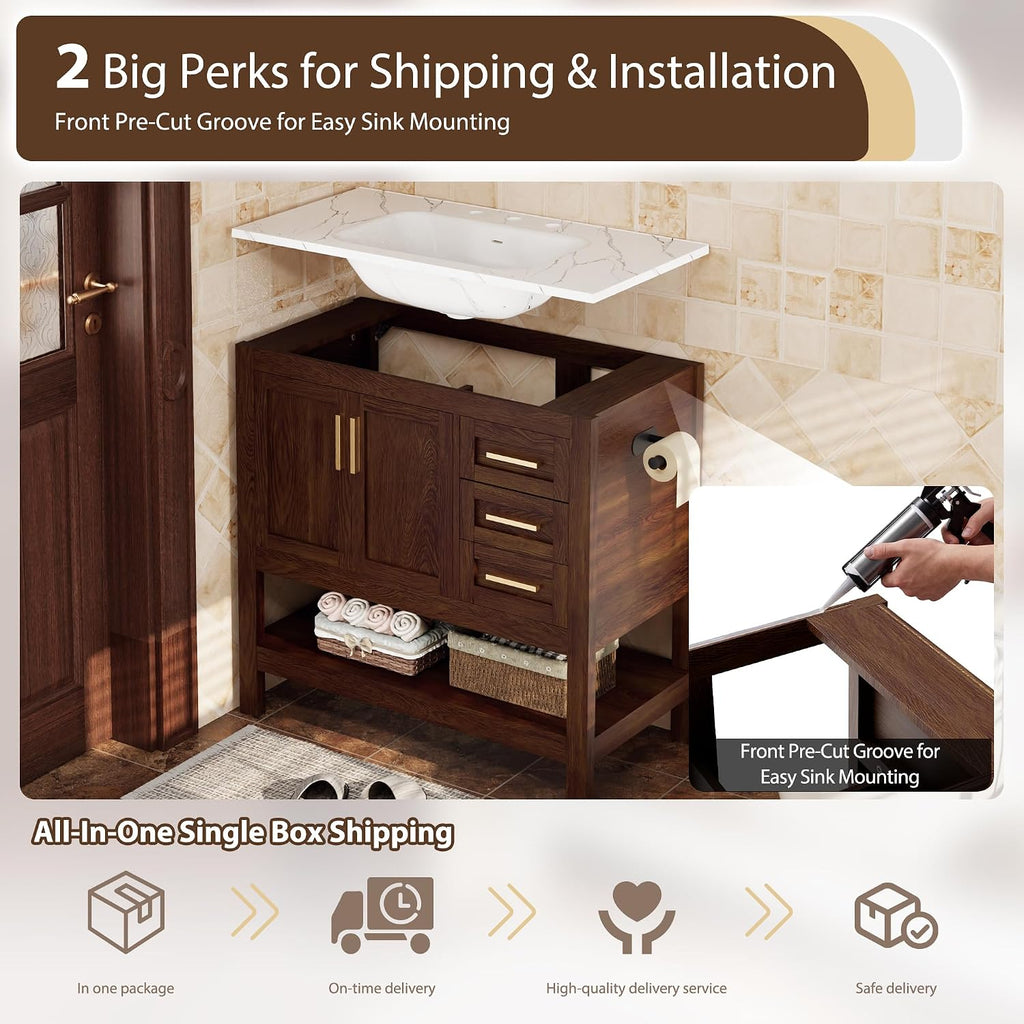36 Inch Bathroom Vanity with Sink, Saw Cut Brown