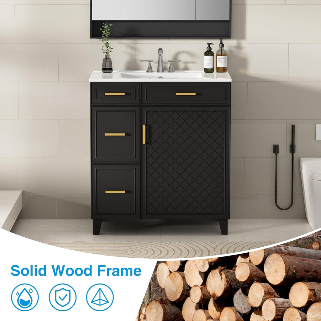 30" Bathroom Vanity with Sink, Solid Wood Frame Modern with Charging Station, Bathroom Single Sink Cabinet with 2 Drawers and 1 Doors, Gold Metal Handles, Black
