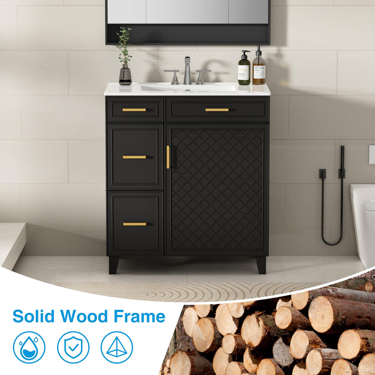30" Bathroom Vanity with Sink, Solid Wood Frame Modern with Charging Station, Bathroom Single Sink Cabinet with 2 Drawers and 1 Doors, Gold Metal Handles, Black