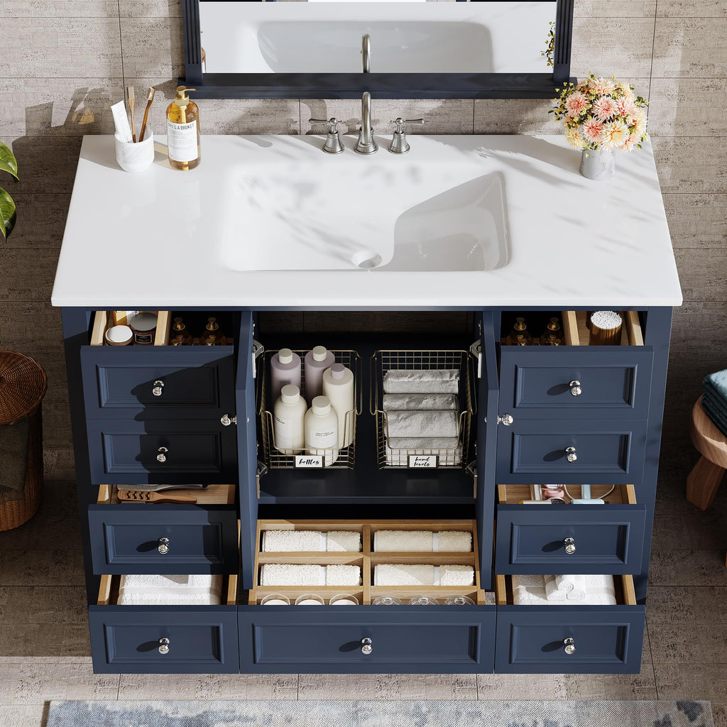 Tribesigns 30" Bathroom Vanity with Sink, Freestanding Bathroom Vanities Cabinet with Ceramic Basin Combo, Bathroom Sink Cabinet with 2 Doors and 1 Drawer, Solid Wooden Frame (Navy Blue, 30 INCH)