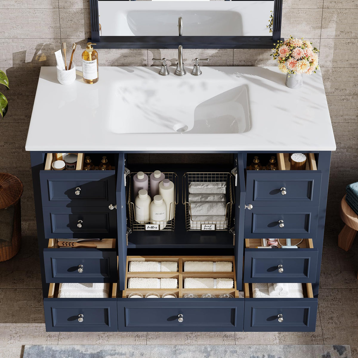 Tribesigns 30" Bathroom Vanity with Sink, Freestanding Bathroom Vanities Cabinet with Ceramic Basin Combo, Bathroom Sink Cabinet with 2 Doors and 1 Drawer, Solid Wooden Frame (Navy Blue, 30 INCH)