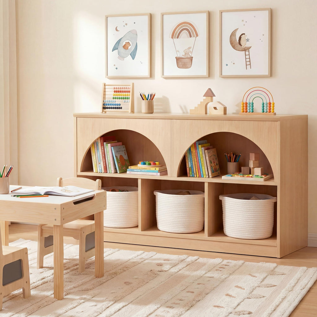 Fatmok Kids Bookshelf and Toy Storage, 2 Pack 58.5ââ Toy Organizer with Movable Chests & 3 Storage Bins, Large Kids Reading Nook with 5 Cubbies for Playroom, Bedroom, Nursery, White