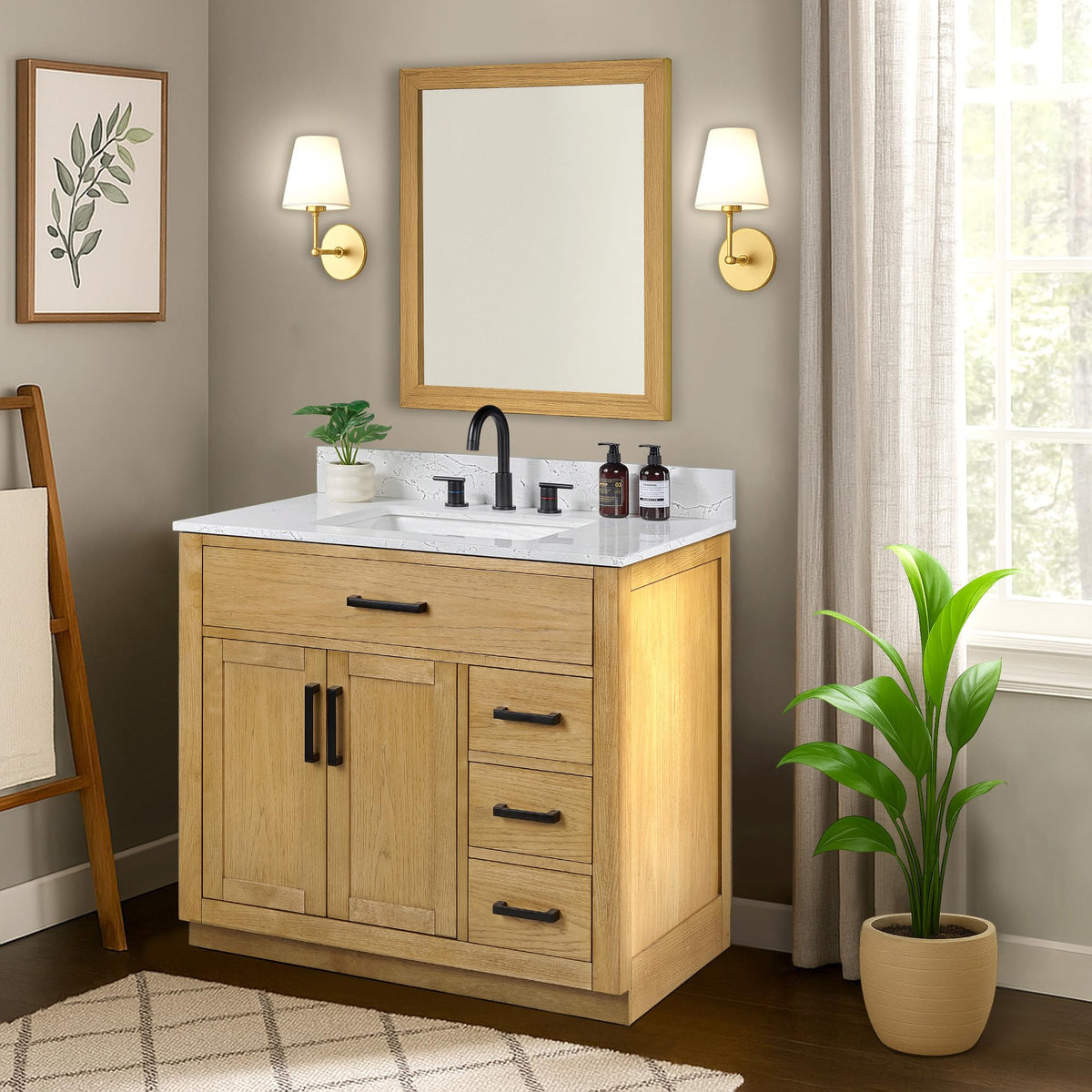 48-inch Dark Walnut Bathroom Vanity with Sink, Solid Wood, 0.79-inch Stone Countertop and Backsplash, 9 Drawers, 2 Soft Closing Doors