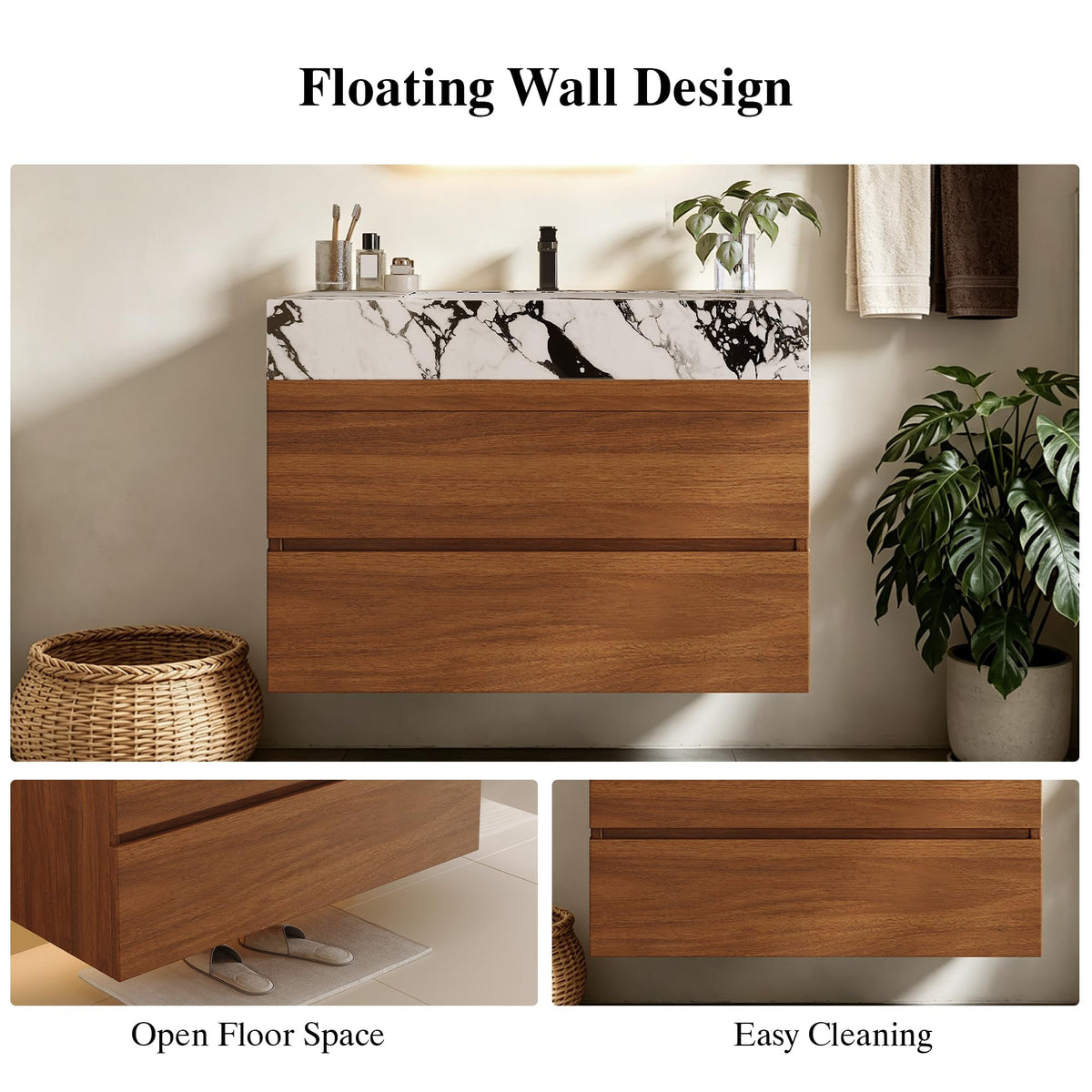 36 Inch Bathroom Vanity with Sink, Black Floating Wall Mounted Vanity