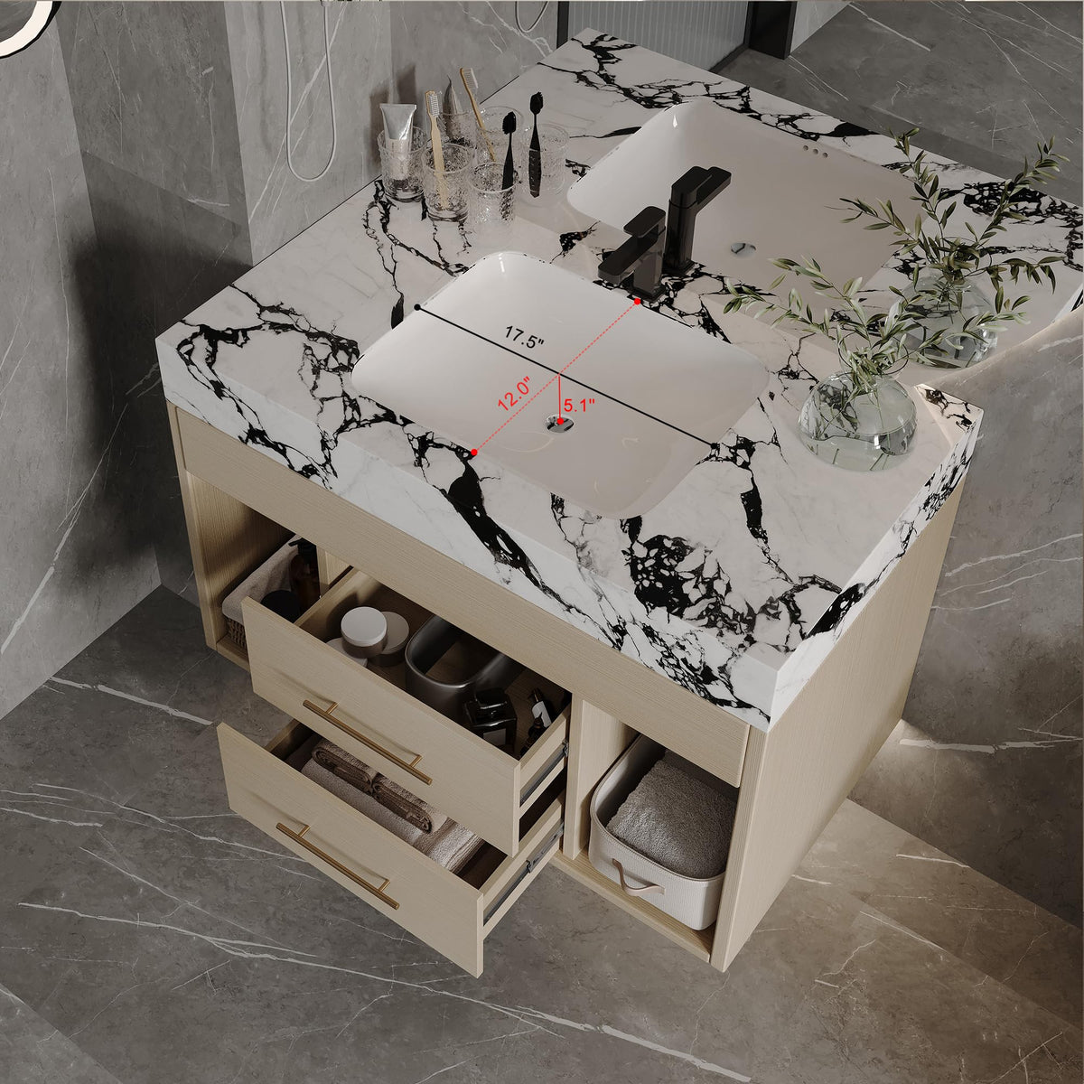 Glintee 40" Floating Bathroom Vanity & Sintered Stone Top, Black