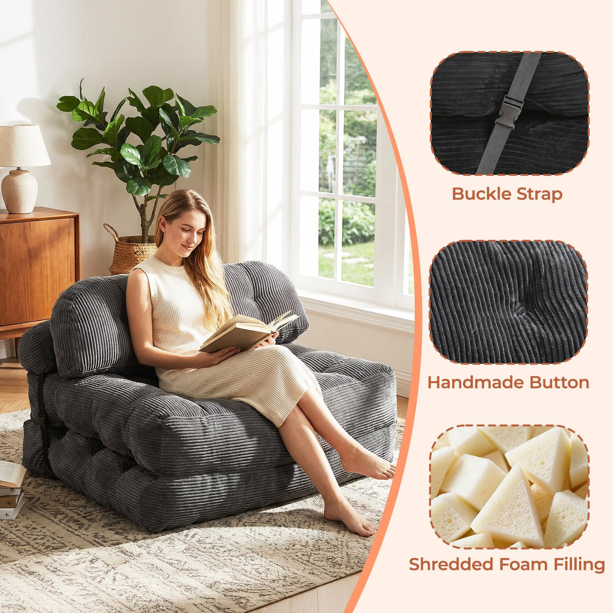 Folding Sofa Bed, Convertible Sleeper Chair with Back Support and Pillow
