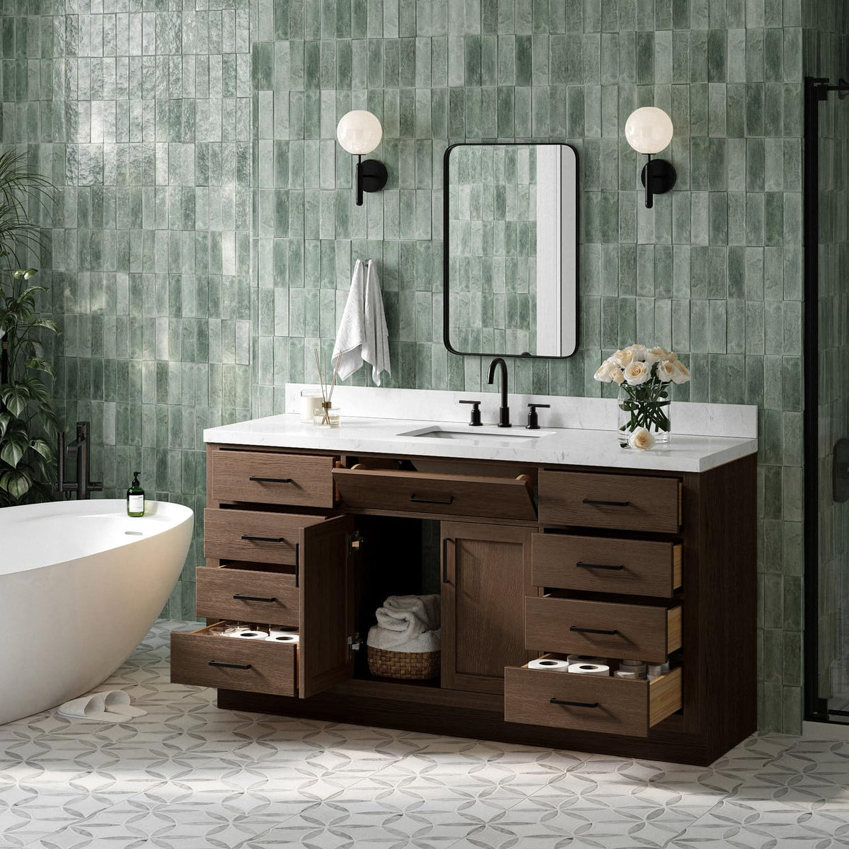 ARIEL Hepburn 66-inch Bathroom Vanity with Sink,Solid Wood, 1.5-inch Pure White Quartz Countertop & Backsplash, Single Rectangular Porcelain Sink, 2 Soft Closing Doors, 9 Dovetail Drawers, White