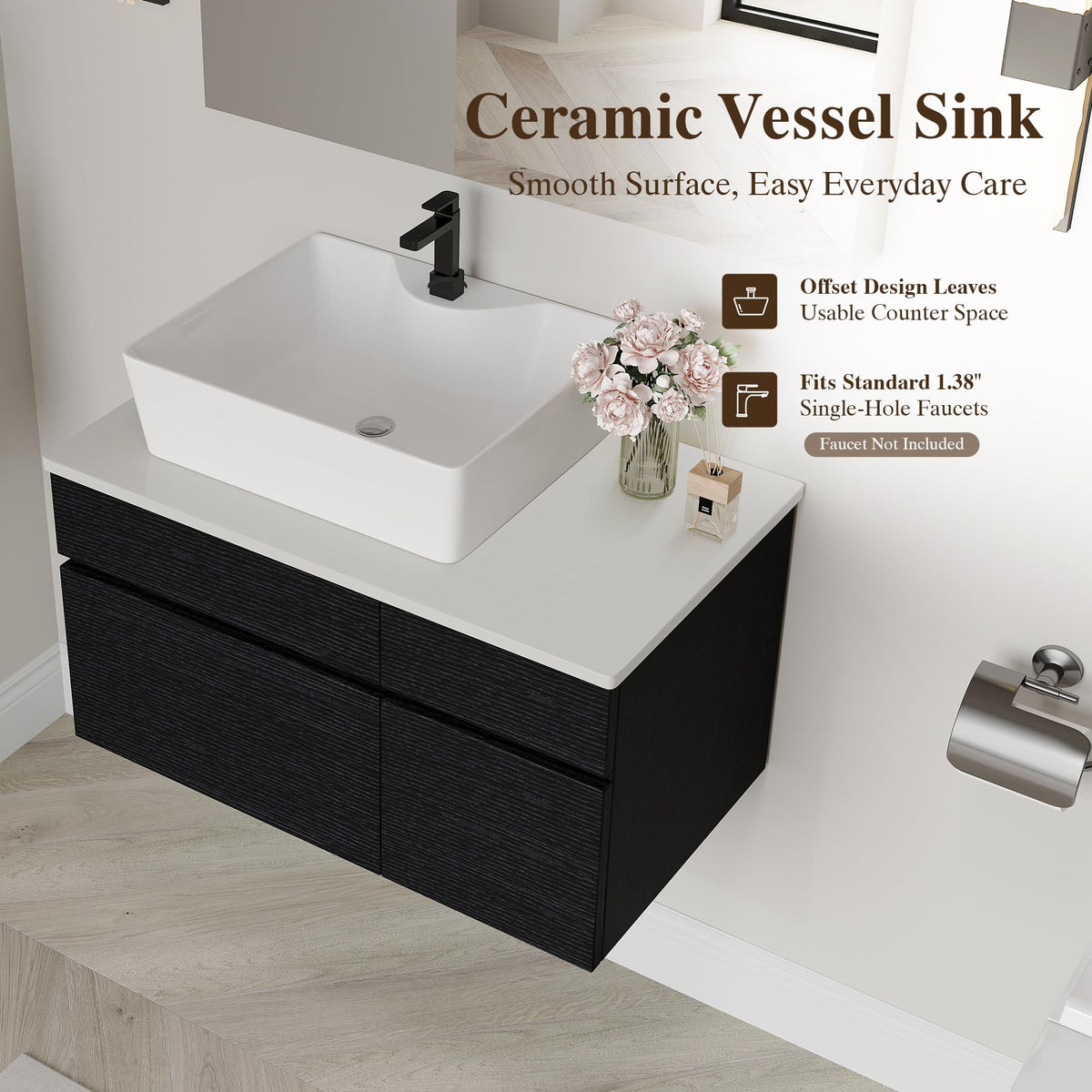 36 Inch Bathroom Vanity with Sink, Black Floating Wall Mounted Vanity