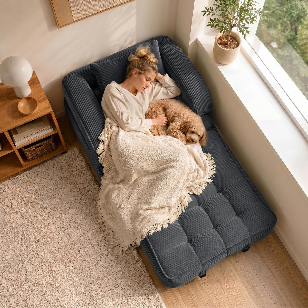 Folding Sofa Bed, Convertible Sleeper Chair with Armrests, Corduroy Foldable Boneless Bed, 3-in-1 Portable Futon Couch Floor Sofa with Pillow for Bedroom, Living Room, Orange