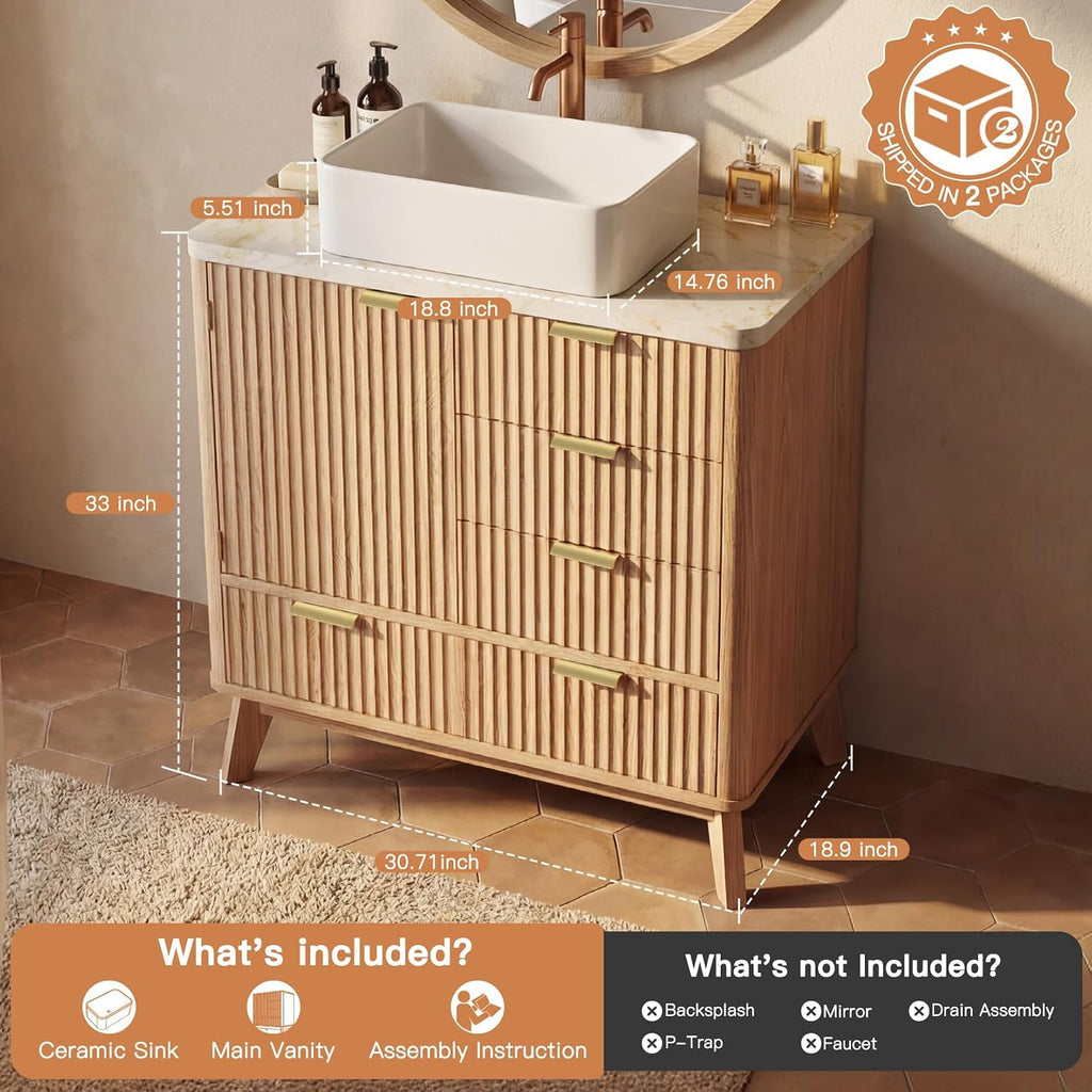 Concho 31'' Fluted Bathroom Vanity with Ceramic Sink Natural Oak