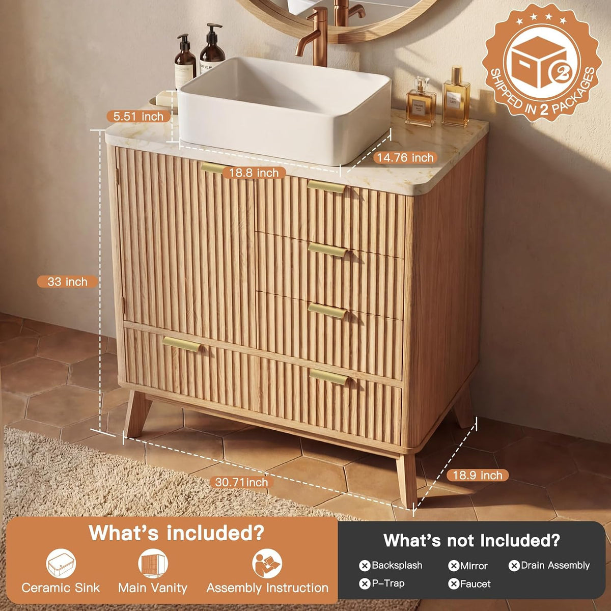 Concho 31'' Fluted Bathroom Vanity with Ceramic Sink Natural Oak