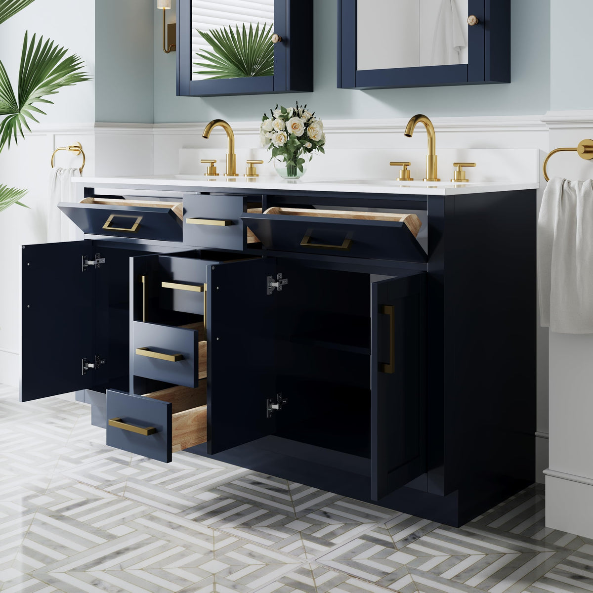 WELLFOR 36-Inch Bathroom Vanity with Sink W/ 2 Doors & 4 Drawers & 1 Flip Drawer,Navy Blue Vanity W/Matte Black Handles